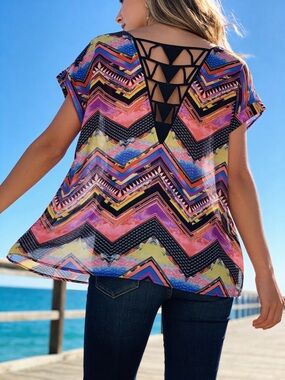 Chevron Multi-Color V-Neck Short Sleeve Top